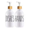 A white bottle with a bamboo pump dispenser labeled DISHES HANDS for dish and hand soap.