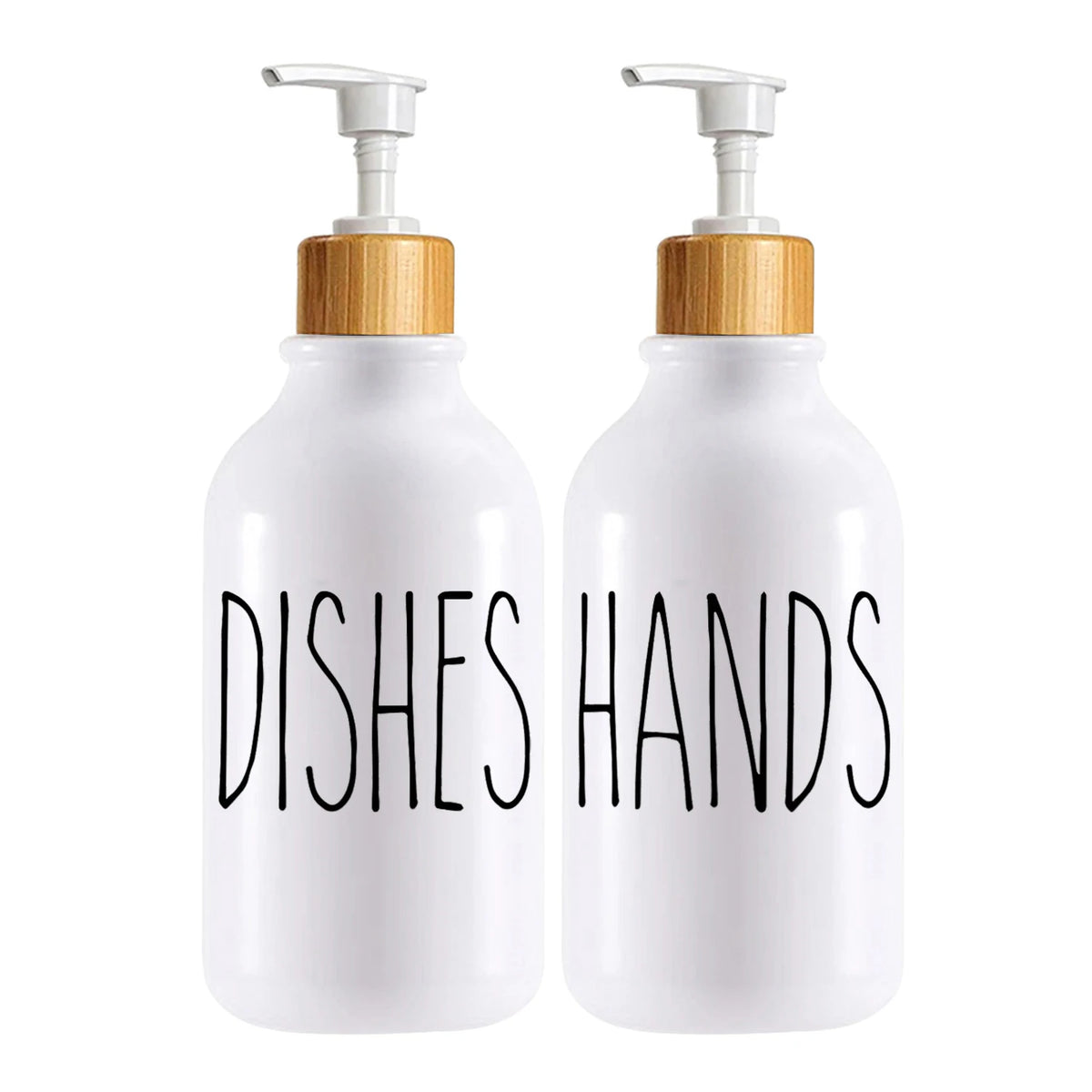 A white bottle with a bamboo pump dispenser labeled DISHES HANDS for dish and hand soap.