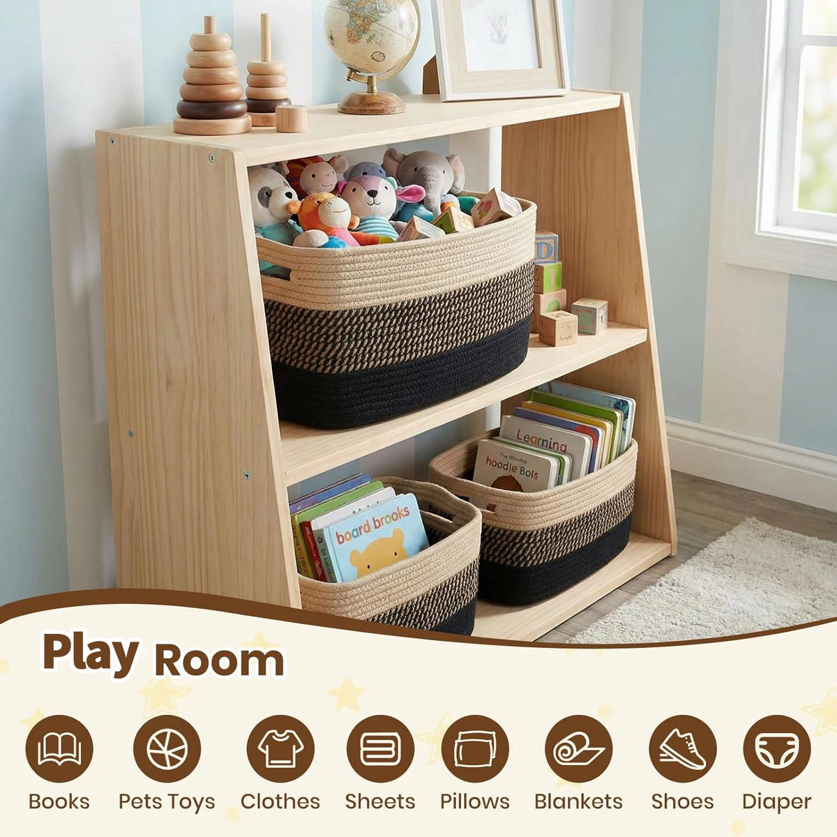 A wooden shelf unit holds woven cotton rope storage baskets filled with various toys, books, and clothing items for a play ro