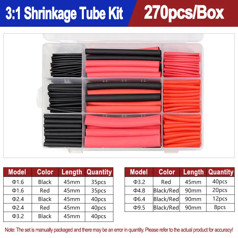 A box containing a heat shrink tubing kit with various colors and lengths of black, red, and black/red tubing.
