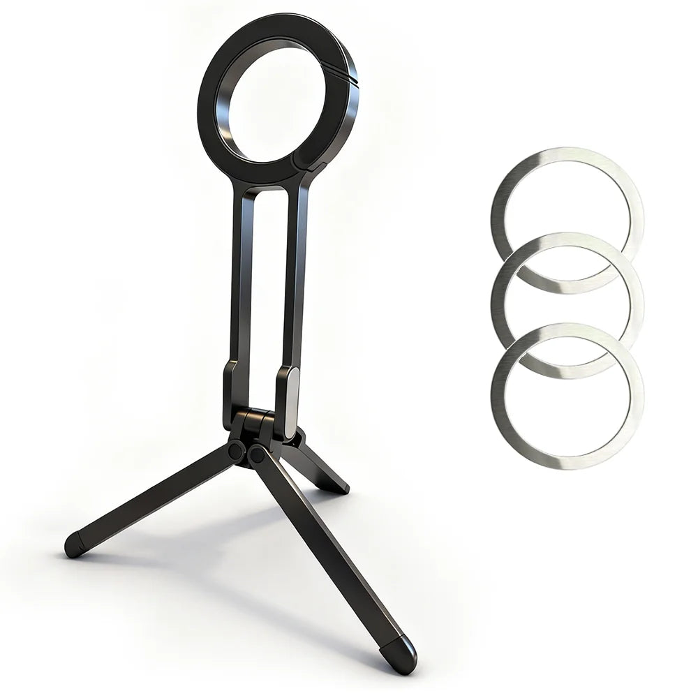A black magnetic phone tripod with a carabiner clip shown against a white background.