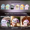 A collection of soft plush robots in various colors and designs demonstrating touch interaction and comfort features.