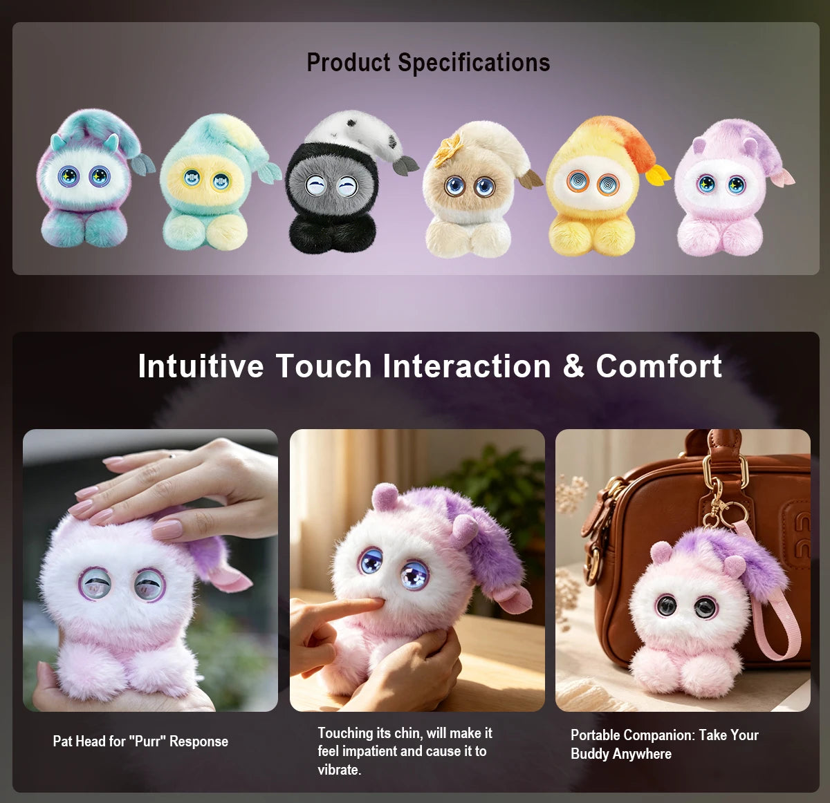 A collection of soft plush robots in various colors and designs demonstrating touch interaction and comfort features.
