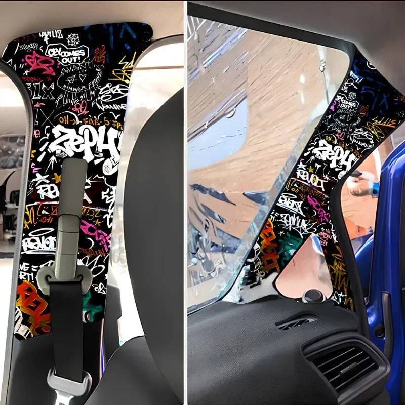 A close-up view of a graffiti pattern velvet car interior wrap sticker applied to the side of a vehicle's interior panel.