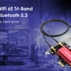 An AX5400 Next-Gen WiFi 6E Tri-Band PCIe adapter with Bluetooth 5.3 shown next to a computer setup.