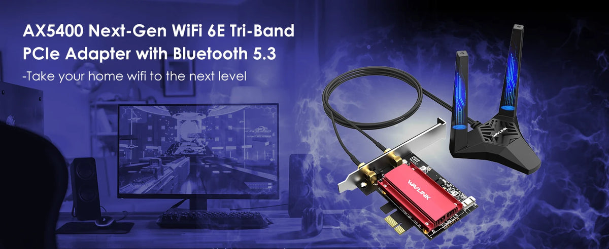 An AX5400 Next-Gen WiFi 6E Tri-Band PCIe adapter with Bluetooth 5.3 shown next to a computer setup.