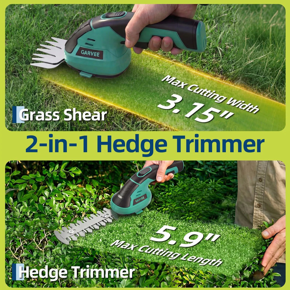 A hand holds a green and black electric grass shear and hedge trimmer, demonstrating its use for trimming grass and hedges.
