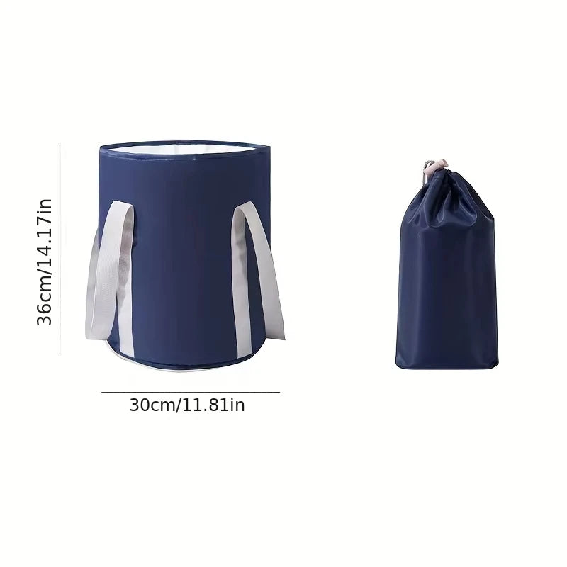 A dark blue collapsible foot bath tub with a storage bag and dimensions shown.