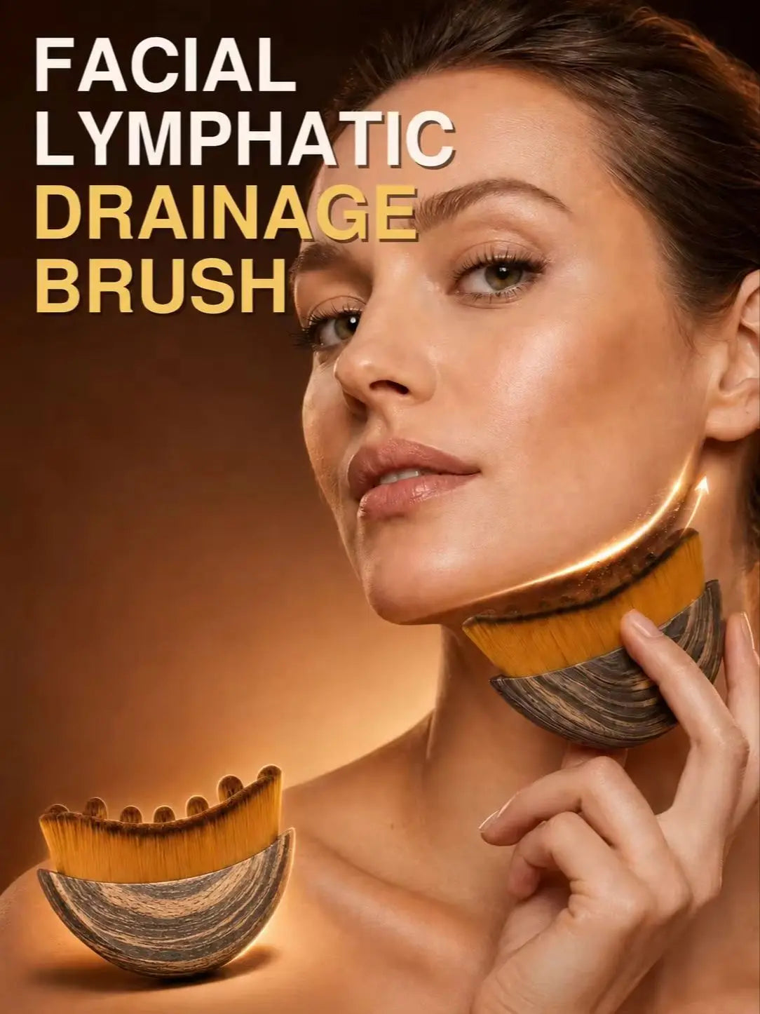 A woman is using a wooden facial lymphatic drainage brush on her face.