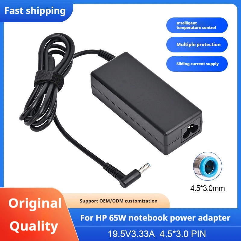 Schwarzes universelles Laptop-Netzteil für HP 65W Notebook mit intelligenter Temperaturregelung und Schutzfunktionen.