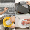 Four images showing reusable steel wire scrubber dishcloths being used to clean a grill, pan, and sink.