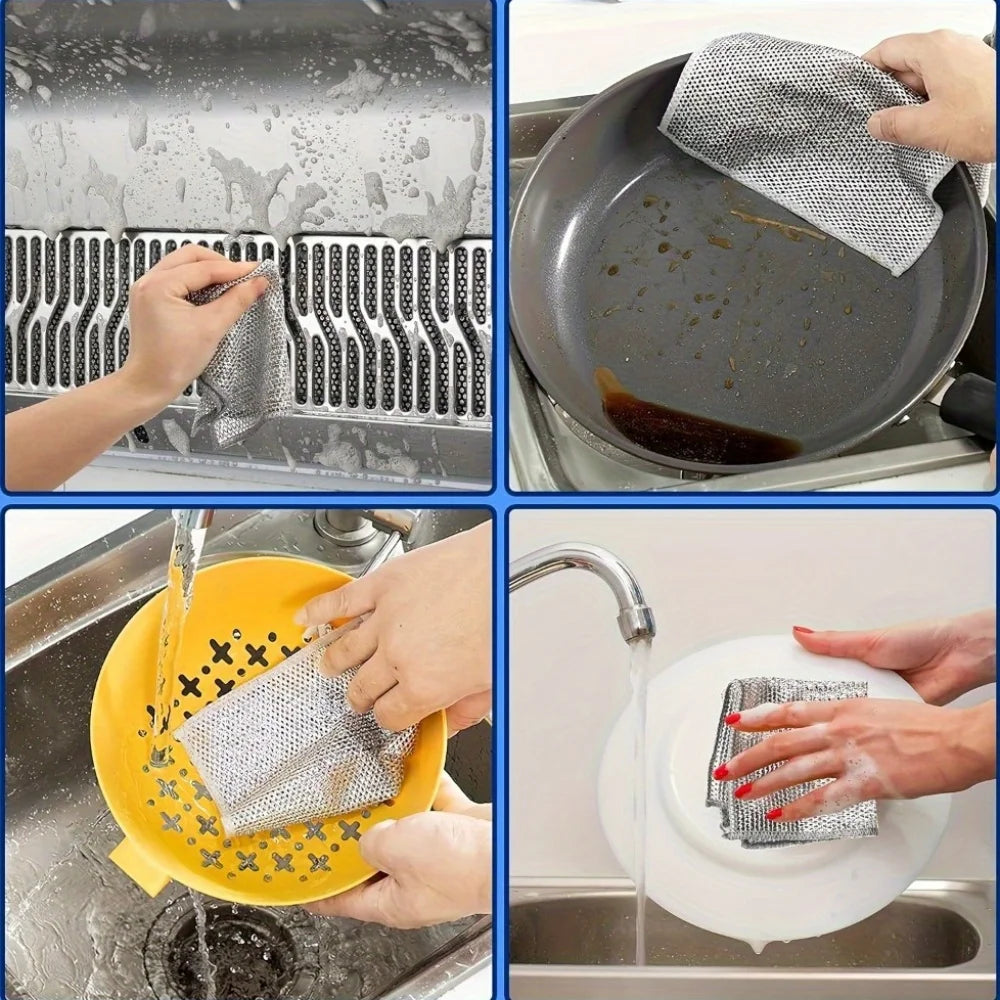 Four images showing reusable steel wire scrubber dishcloths being used to clean a grill, pan, and sink.