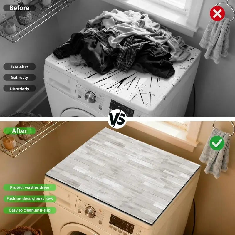 Before and after comparison of a wood grain waterproof washer and dryer mat.