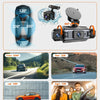A 360 degree 4 channel dash cam device showing various camera angles and installation options.