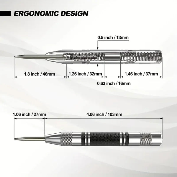 Diagram showing dimensions of a spring-loaded auto center punch tool.