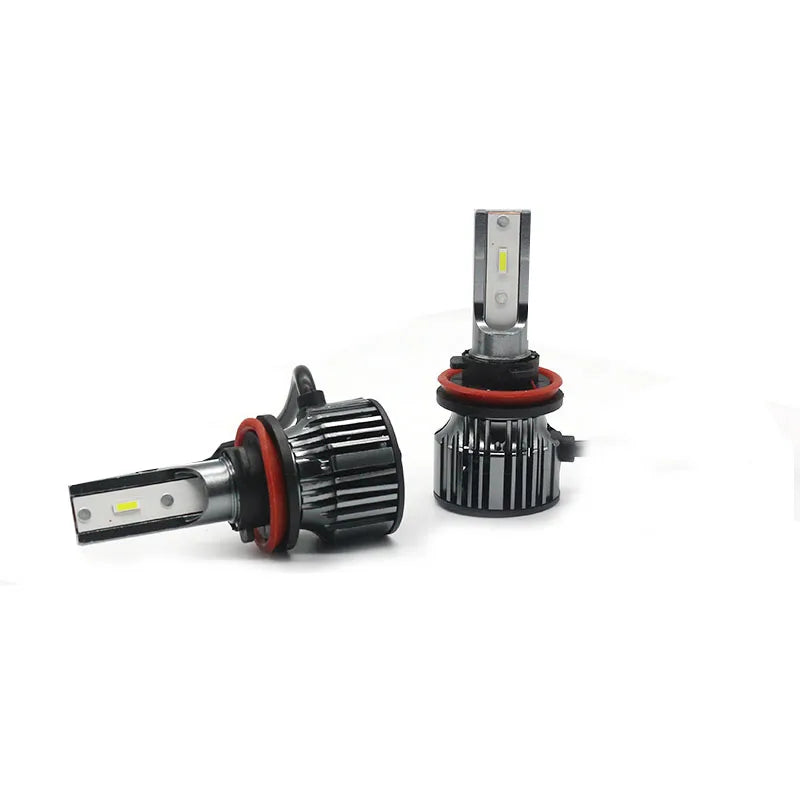 A high-performance LED headlight bulb assembly featuring a cooling fan and housing.