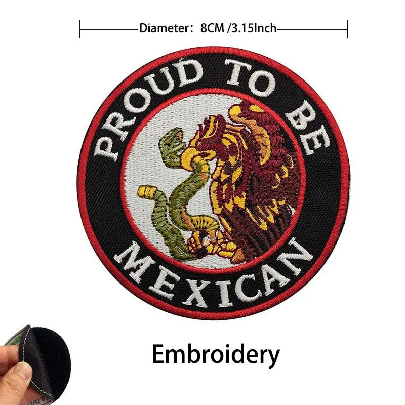 Red and black embroidered patch featuring an eagle skull design with the text Proud to be Mexican