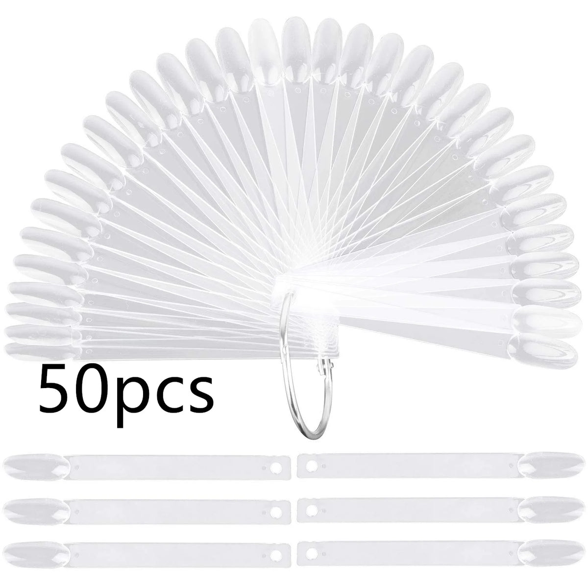 A set of 50 clear acrylic false nail tips for practice and display, arranged in a fan shape.