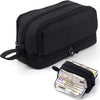 A black large capacity fabric pencil case with a zipper and strap, next to an open pencil holder.