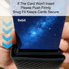 A hand is inserting a debit card into an RFID blocking pop-up wallet with a card holder.