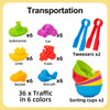 A set of 36 traffic-themed counting animal sorting toys in 6 colors, including submarines, cars, trains, rockets, and aircraf