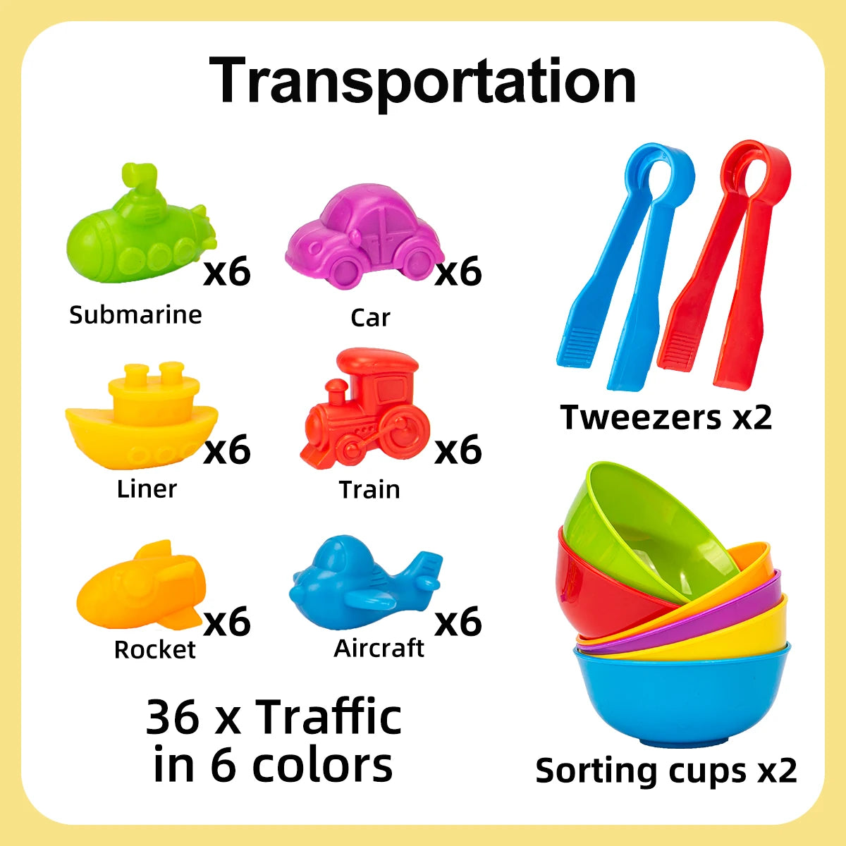 A set of 36 traffic-themed counting animal sorting toys in 6 colors, including submarines, cars, trains, rockets, and aircraf