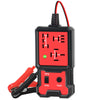 A red and black 12V relay tester device with a digital display, cables, and a test button.