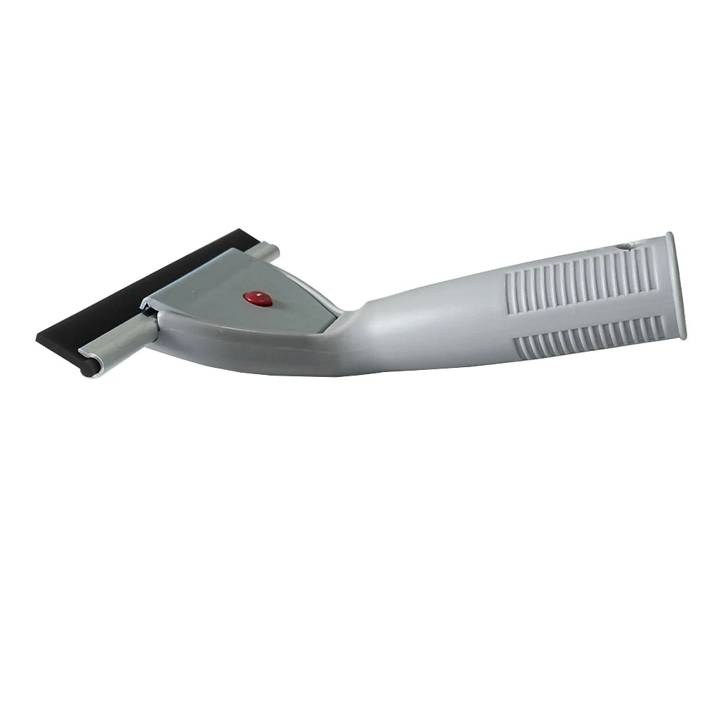A gray multi-purpose glass cleaning squeegee with a silicone blade and a black handle.