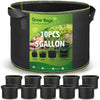 A set of black thickened non-woven fabric grow bags with handles, showing various sizes and a quantity of 10 pieces.
