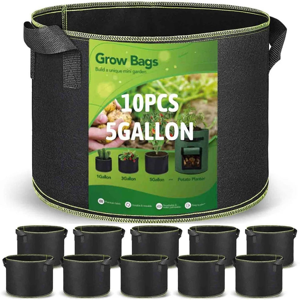 A set of black thickened non-woven fabric grow bags with handles, showing various sizes and a quantity of 10 pieces.