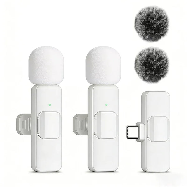 A white wireless lavalier microphone with a fuzzy windscreen and a clip is shown in multiple views.