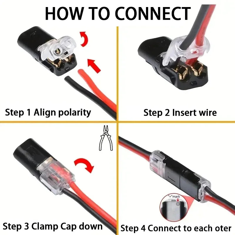 Diagram showing four steps to connect D2 Double-Line Interlocking LED connectors including aligning polarity, inserting wire,