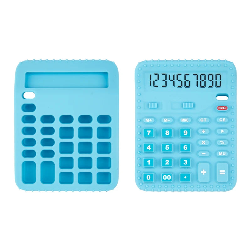 A light blue silicone baby teether toy shaped like a remote control with a keypad and buttons.