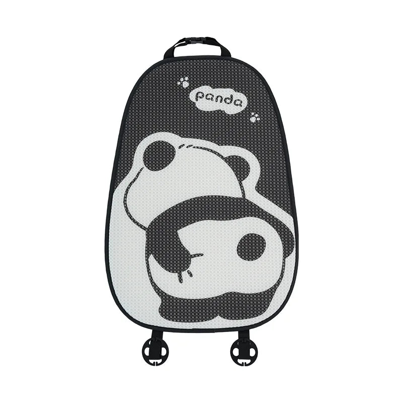 Black padded car seat cover featuring a cute panda design and headrest pillows.