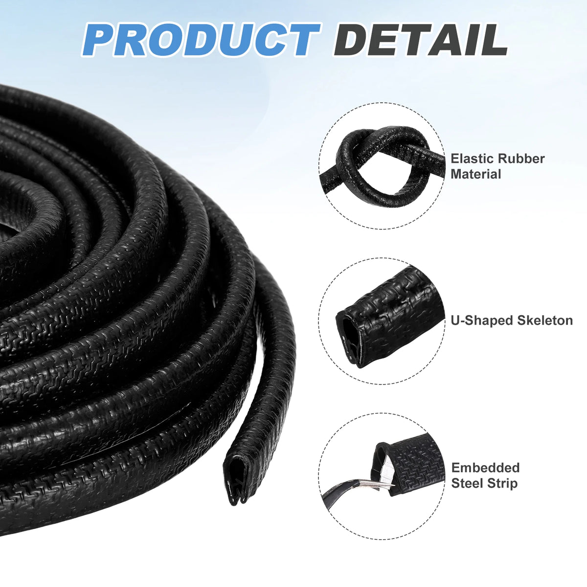 A roll of black elastic rubber material showing its components: U-shaped skeleton and embedded steel strip.