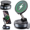 A magnetic wireless car charger mount with a vacuum suction and 360° foldable arm shown in various configurations.