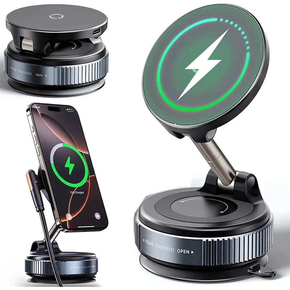 A magnetic wireless car charger mount with a vacuum suction and 360° foldable arm shown in various configurations.