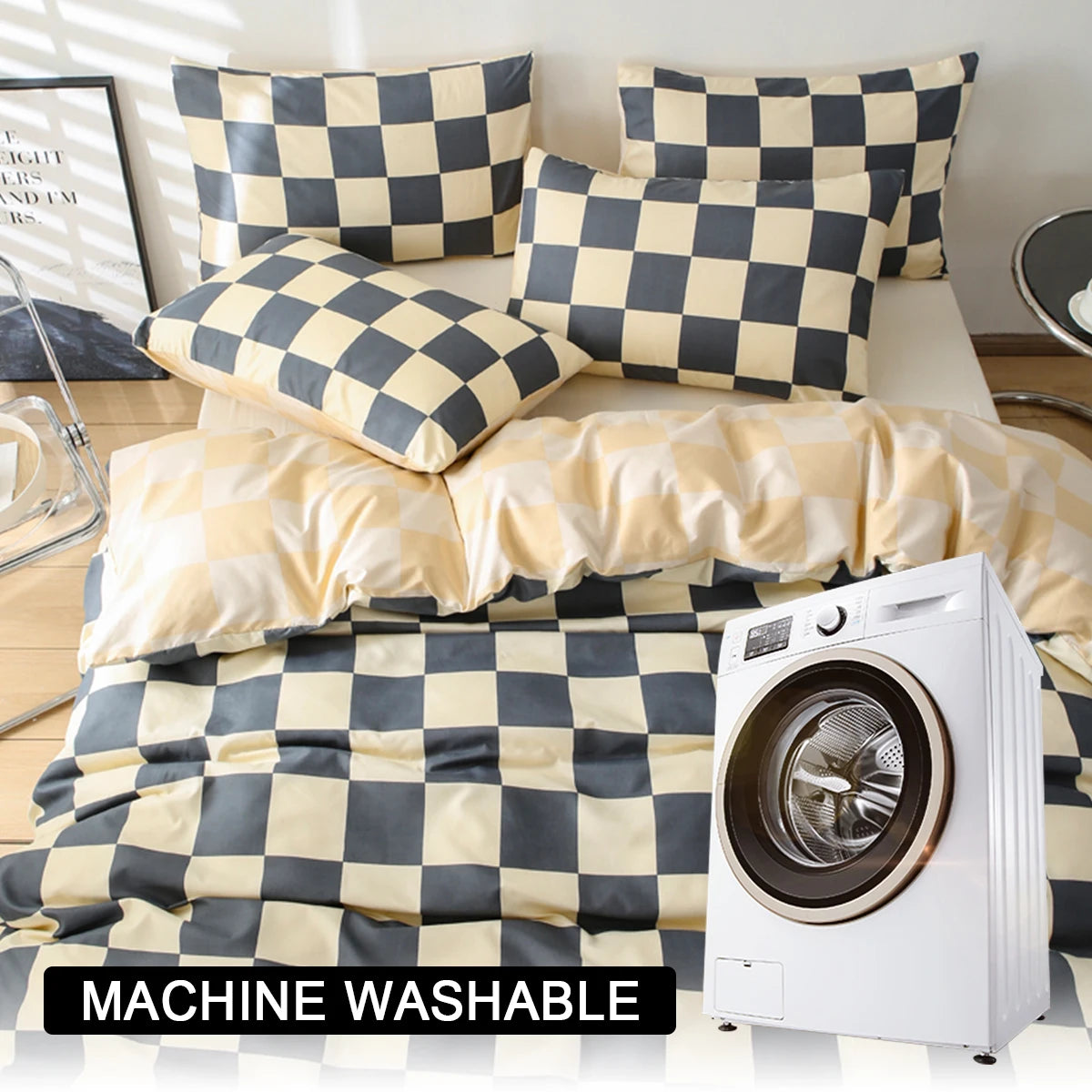 A white washing machine is shown next to a checkered print bedding set featuring gray and beige squares.