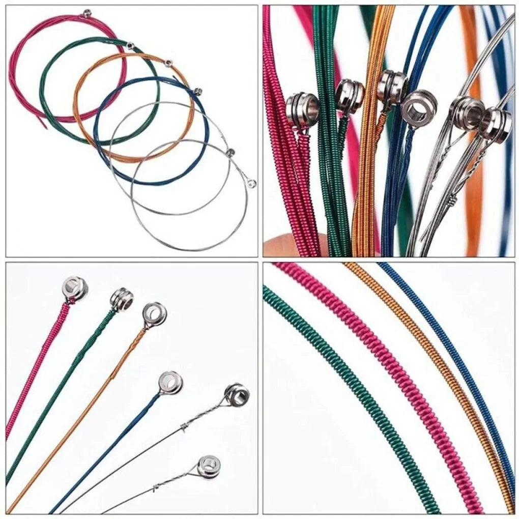 A set of six color-coded acoustic guitar strings in various colors including red, green, yellow, and blue.