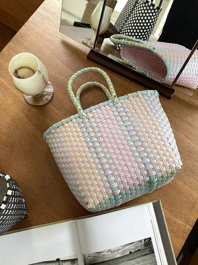 Hand-Woven PVC Tote Bag with Striped Patchwork Design