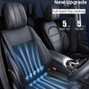 A black car seat cushion with blue light effects, featuring ten large silent fans for back and hip cooling.