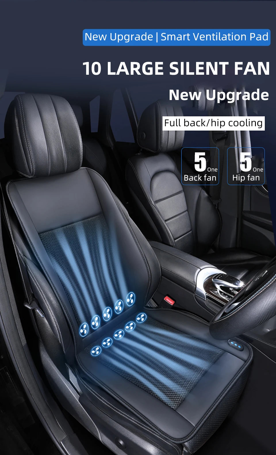 A black car seat cushion with blue light effects, featuring ten large silent fans for back and hip cooling.