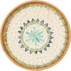 Handcrafted rattan serving tray with mother of pearl inlay featuring geometric patterns in beige and green tones.