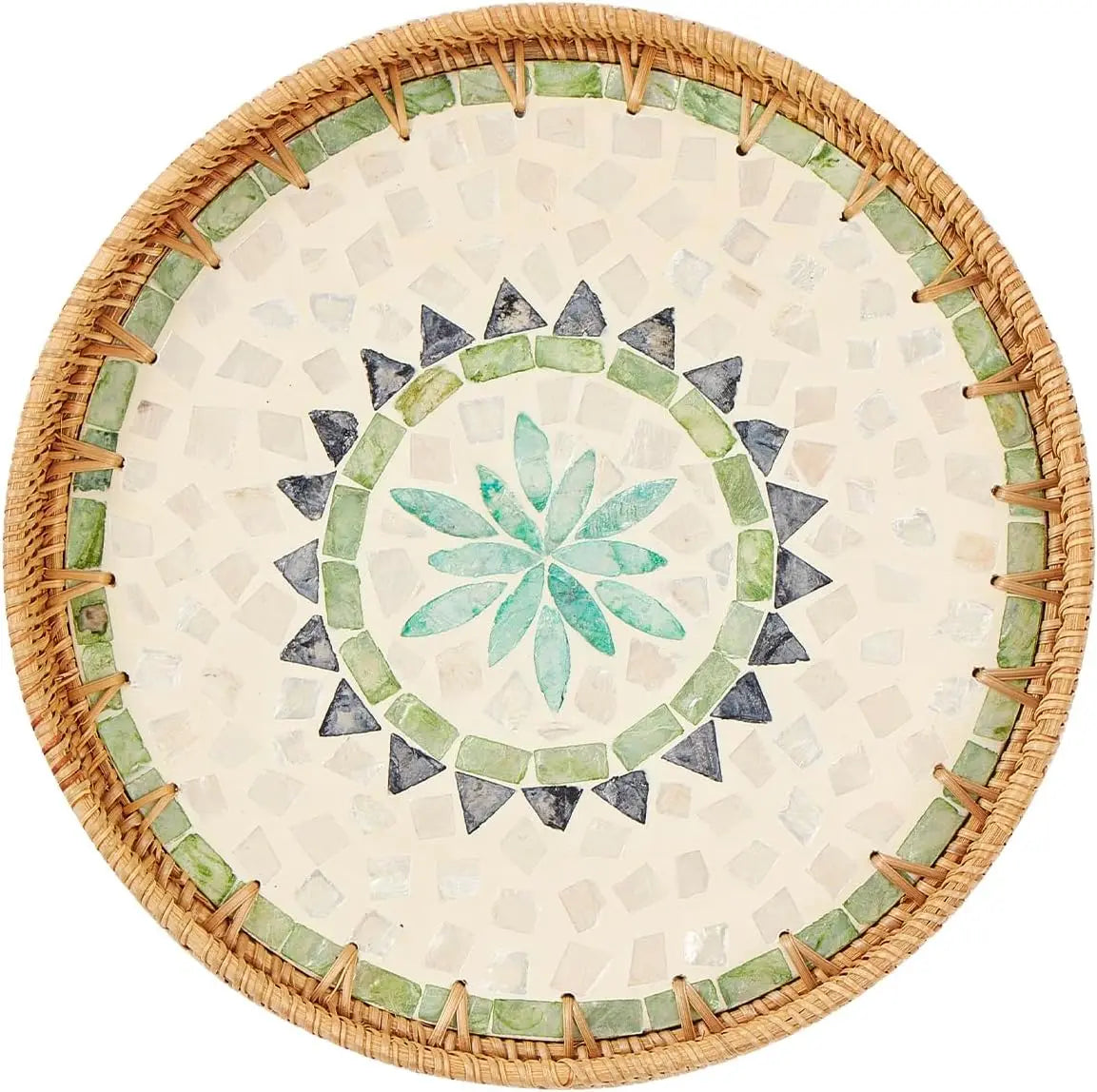Handcrafted rattan serving tray with mother of pearl inlay featuring geometric patterns in beige and green tones.