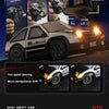 A black and white RC drift car is shown with instructions for operation, including features like two-speed steering and micro