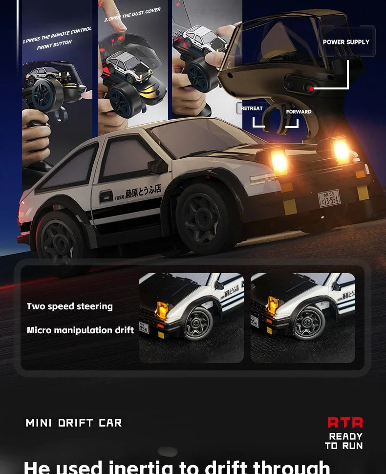 A black and white RC drift car is shown with instructions for operation, including features like two-speed steering and micro