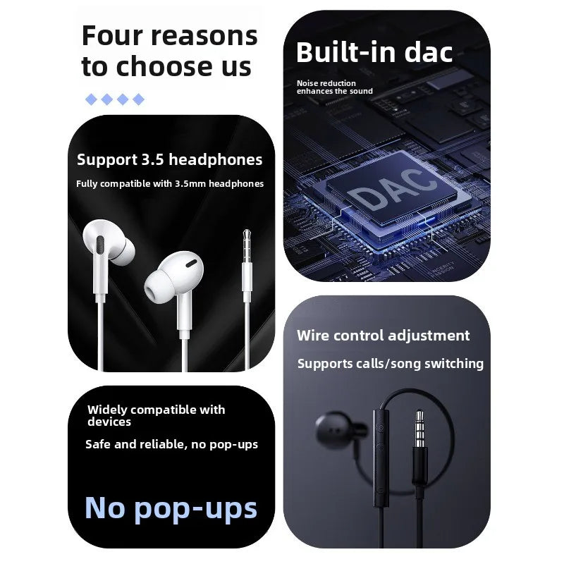 Product features include support for 3.5mm headphones, wire control adjustment, and no pop-ups.
