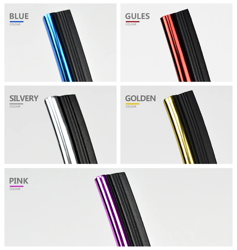 A collection of flexible car interior trim strips in various colors including blue, gules, silvery, golden, and pink.