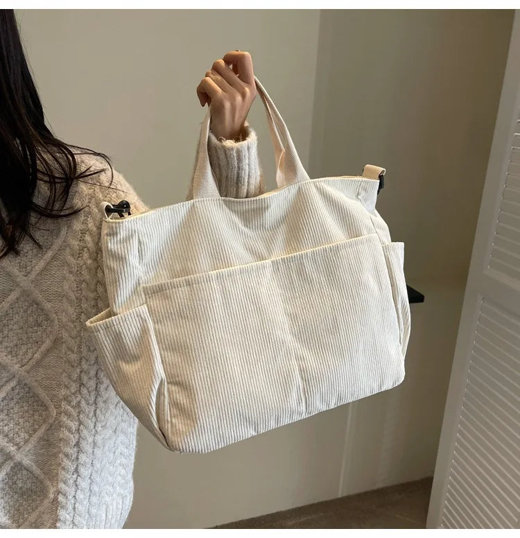 Multi-Pocket Corduroy Tote Bag – Large Capacity Casual Satchel for Travel, Work & Commute