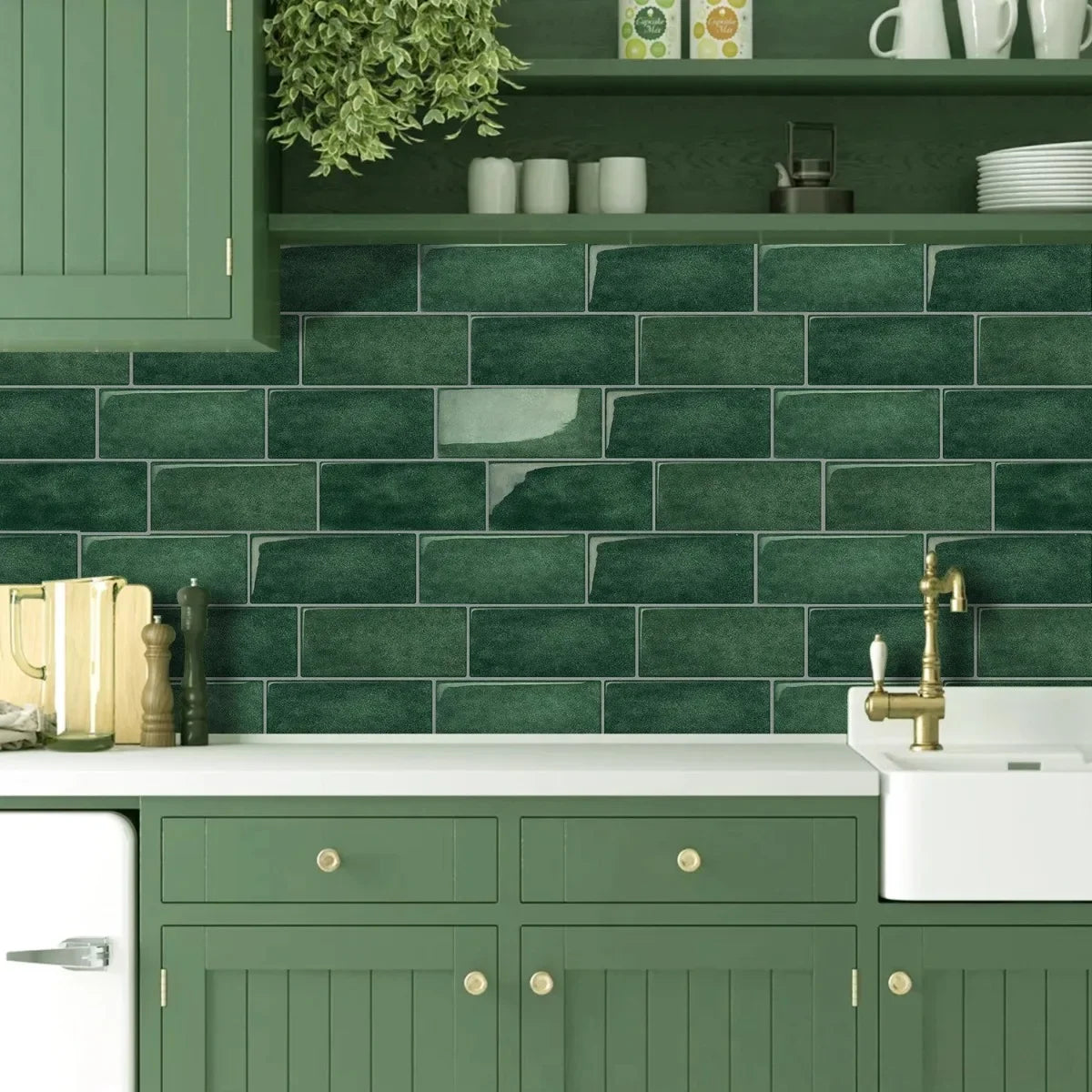 A kitchen backsplash featuring dark green subway tiles above a white countertop and cabinet.